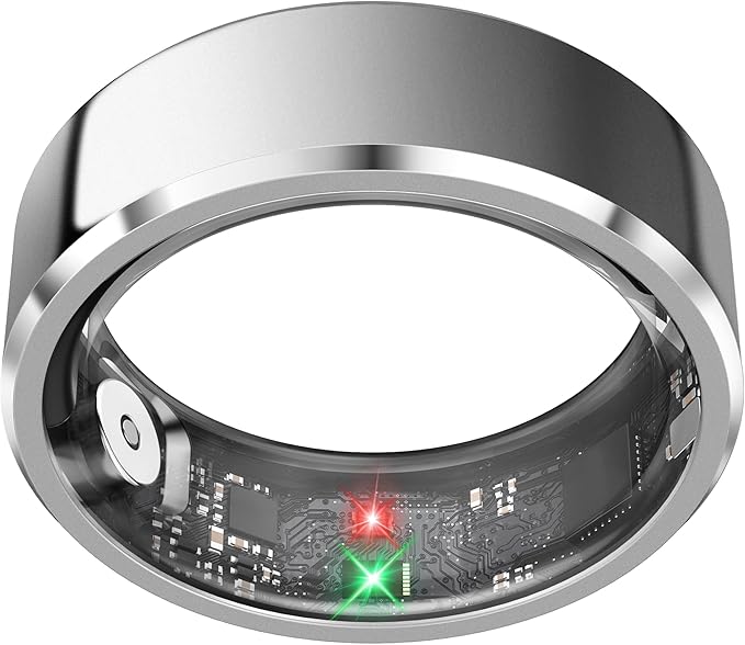 Health Smart Ring for Men Women, Fitness Tracker with Heart Rate/Blood Pressure/Blood Oxygen Monitor,Sleep Tracker,Pedometer, IP68 Waterproof Ring for iPhone&Android, No Subscription (Silver, Size9）