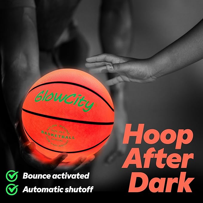 GlowCity Glow in The Dark Basketball - Sizes 5, 6, 7 Light Up Ball for Kids, Teens & Adults - Red Glow for Outdoor Games - Sports Birthday Gifts Ideas for Boys Ages 6 7 8 9 10 11 12 13 14