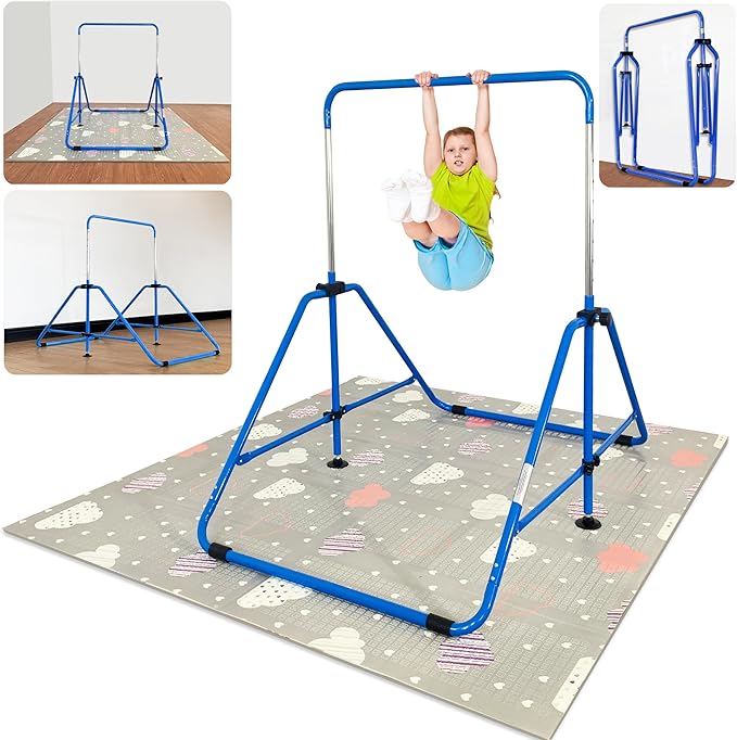 MARFULA Foldable Gymnastic Bar for Kids Ages 3-9, 9 Height Levels, 200 lbs Weight Capacity, 5 Ft Length Gymnastic Kip Bar with Mat, Gymnastic Equipment for Home and Gym Center Indoor Outdoor Use