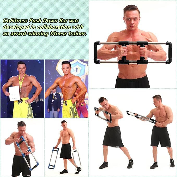 GoFitness Push Down Machine - Chest Exerciser at Home Workout Equipment, Arm Trainer - Portable Spring Resistance Exercise Gym Kit for Home, Travel or Outdoors