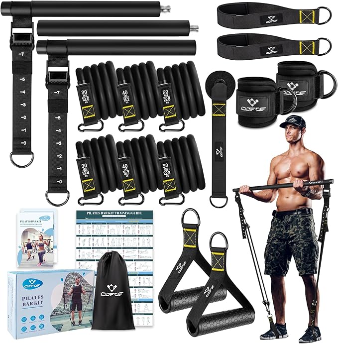 Pilates Bar Kit with Resistance Bands, Multifunctional Yoga Pilates Bar with Heavy-Duty Metal Adjustment Buckle, Portable Home Gym Pilates Resistance Bar Kit for Women Full Body Workouts