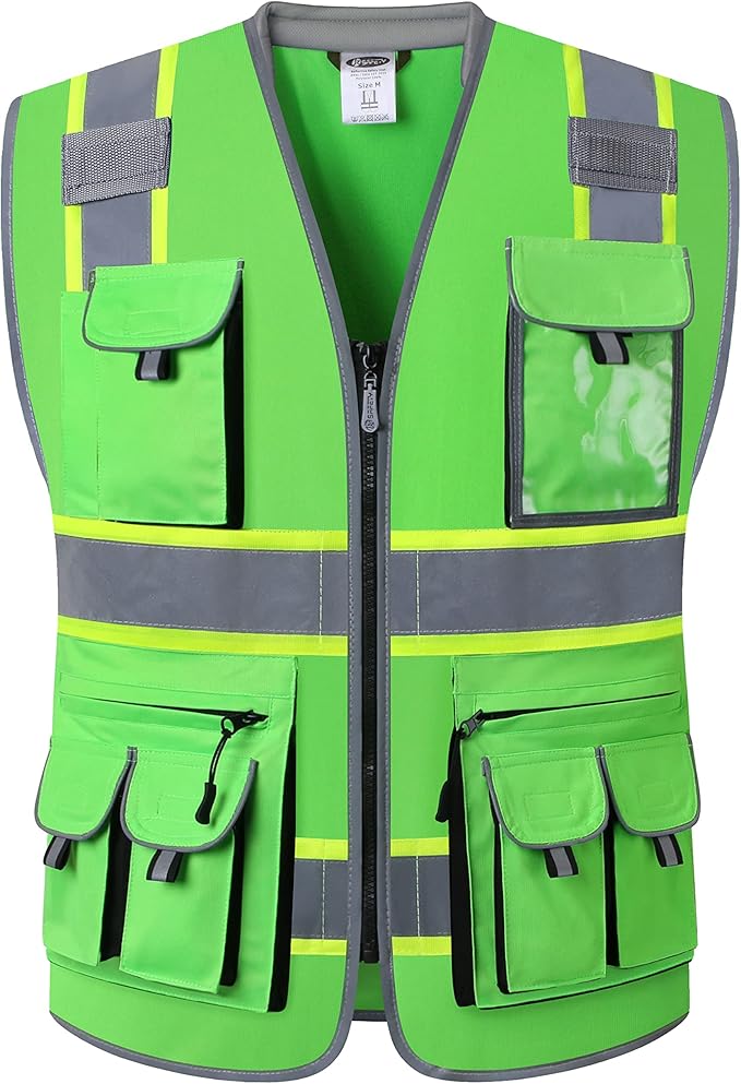 JKSafety 10 Pockets Hi-Vis Zipper Front Fluorescent Green Safety Vest | Cushioned Collar | High Reflective Tapes with Extended Neon Yellow Strips | Meets ANSI/ISEA Standards (XX-Large, 89-Green)