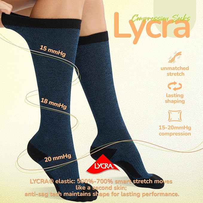 Merino Wool Compression Socks for Women Men, 15-20 mmHg, Soft & Breathable for Travel, Running, Pregnancy