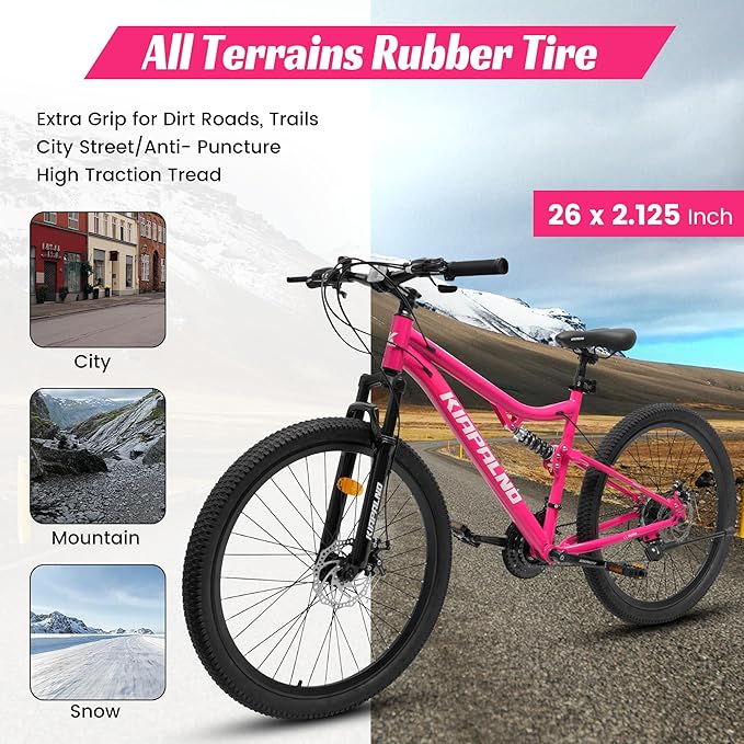 24/26/27.5 Inch Mountain Bike, Dual Full Suspension 21 Speed Womens Mens Mountain Bikes, Commuter Bike with Carbon Steel Frame and Dual Disc Brakes
