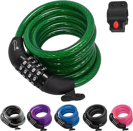 Lumintrail 6ft Heavy Duty Anti Theft Bike Lock Cable with Combinations - Bike Cable Lock with Mounting Bracket (1 Pack, Green)