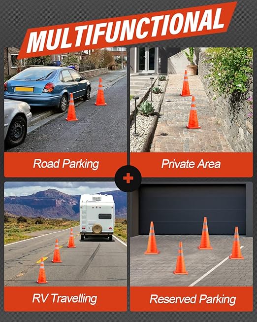 RoadHero 28 Inch 6 Pack Collapsible Traffic Safety Cones, Multi Purpose Pop-up Cones with Reflective Collar for Road Safety, Orange Cones for Driving Training, Parking Lots