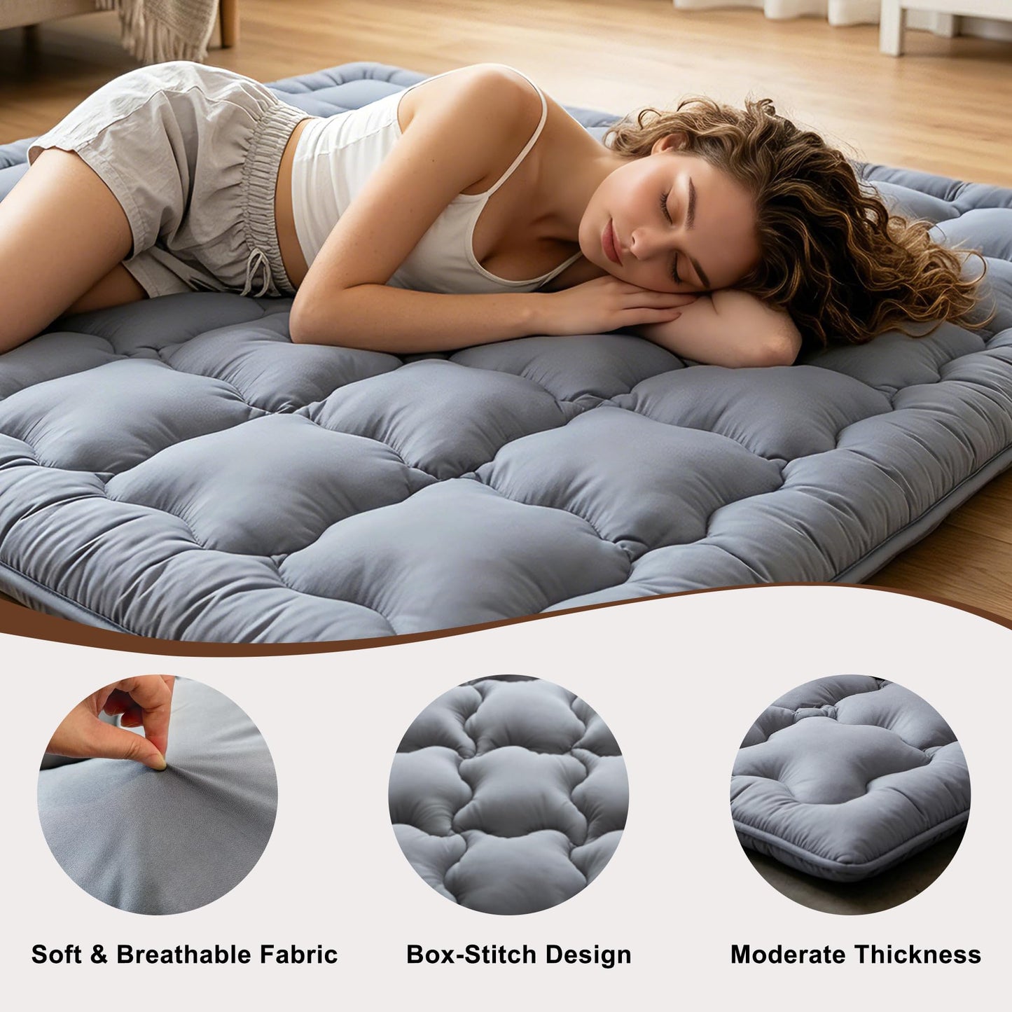 FARINA Japanese Futon Mattress Floor Mattress, 3.5" Thicken Twin Size Shredded Memory Foam Roll Up Foldable Tatami Mat, Portable Sleeping Pad for Living Room Guest Room (Grey, Twin)