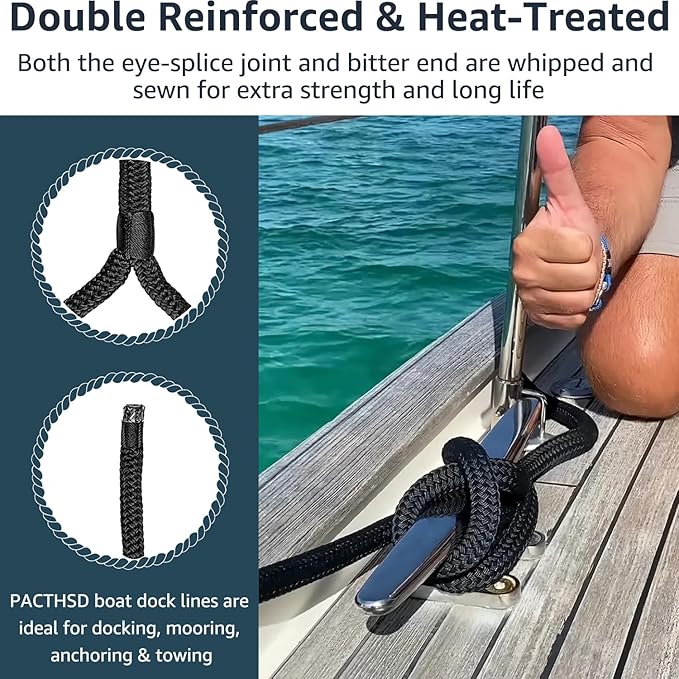 Boat Dock Lines Marine Rope 5/8" x 15' Marine-Grade Double Braided Nylon Dock Line with 15" Loop Boat Lines Dock Rope, Easy Handling Dock Lines for Boats, Fray Resistant - 2 Pack, Black