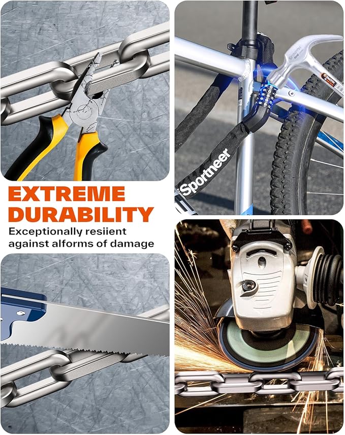 Sportneer Bike Lock: Heavy Duty 5-Digit Resettable Combination Bike Chain Lock, High Security Anti-Theft 3.2FT Hardened Steel Square Links Bicycle Lock for Road, Mountain, Electric & Folding Bikes