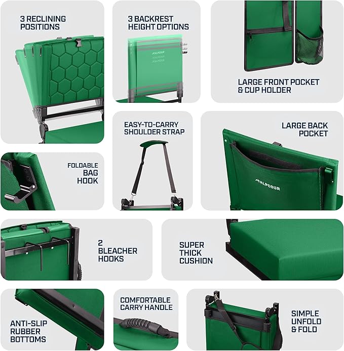 Folding Reclining Stadium Seats with Back Support for Bleachers, Bleacher Chairs with Back and Cushion Seating for Football, Camping Chair, Kayak Seat, Canoe, Paddle Board, Concerts, & Sports Events