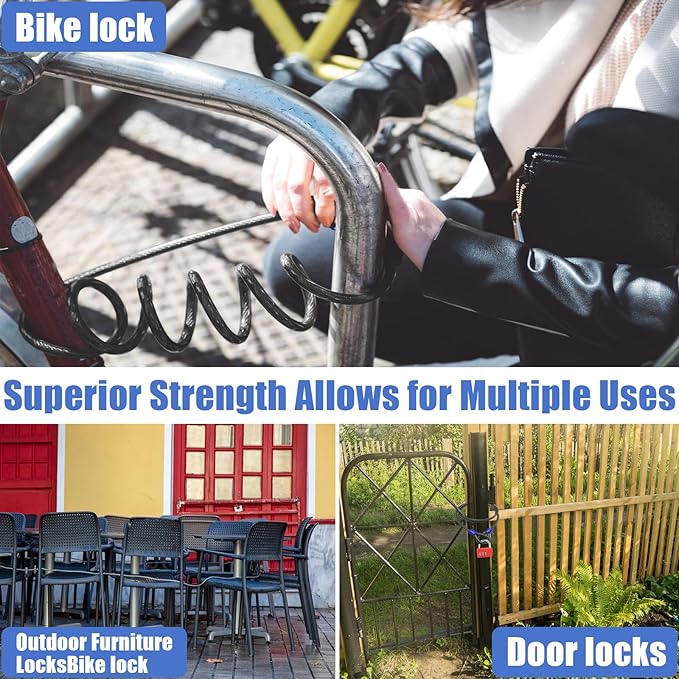 1/2Inch Heavy-Duty Security Cable Lock with Loops 4FT/6FT/8FT/10FT Bike Lock Cable Steel Cable Chain Locks for Outside
