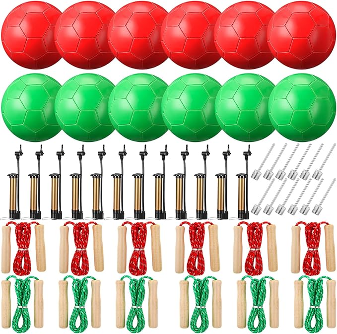 24 Sets Operation Christmas Deflated Size 5 Soccer Ball Bulk with Pump Jump Rope, Outside Soccer Sport Ball 7.25 ft Adjustable Skipping Rope