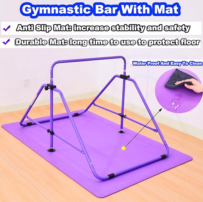 MARFULA Foldable Gymnastic Bar for Kids Ages 3-9, 9 Height Levels, 200 lbs Weight Capacity, 5 Ft Length Gymnastic Kip Bar with Mat, Gymnastic Equipment for Home and Gym Center Indoor Outdoor Use
