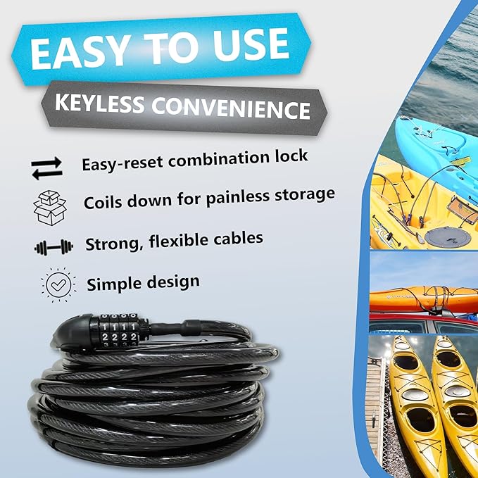 Lumintrail Long Coiled Bike Cable Lock 3/8 Inch 20ft. (4, 6, 10, 15, 20, 25, 30ft), Weatherproof Locks for Kayak, Bike, Scooter, Paddleboard, Resettable Combination Lock Anti Theft Protection