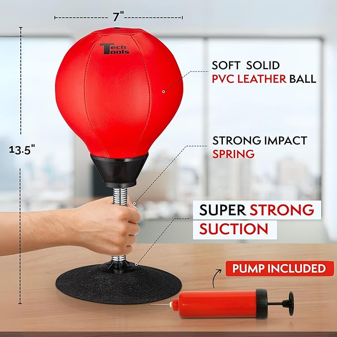 Tech Tools Stress Buster Desktop Punching Bag - Suctions to Your Desk, White Elephant Gifts for Coworker Men and Women, Heavy Duty Stress Relief Ball, Gag Gifts Funny Desk Accessories