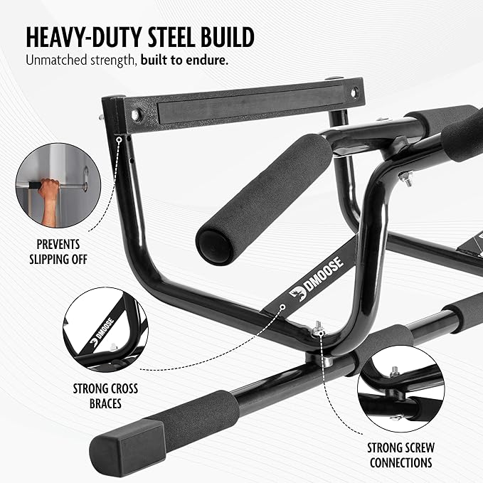 DMoose Fitness Pull Up Bar for Doorway - Upto 250 Lbs Capacity, No Screwing or Slipping, Hanging Pullup & Chin Up Bar for Door Frame - Multi Padded Grips for Strength Training with Installation Guide