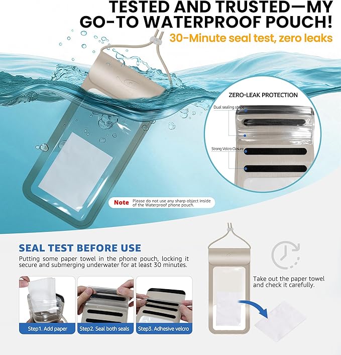HiRui Universal Waterproof Phone Pouch with Touch Screen, IP68 Waterproof Phone Case Dry Bag for Beach, Compatible with iPhone 16/Pro/Plus/Max/15/14, Galaxy S24+/25+, Fits up to 6.9" (Gold, X-Large)