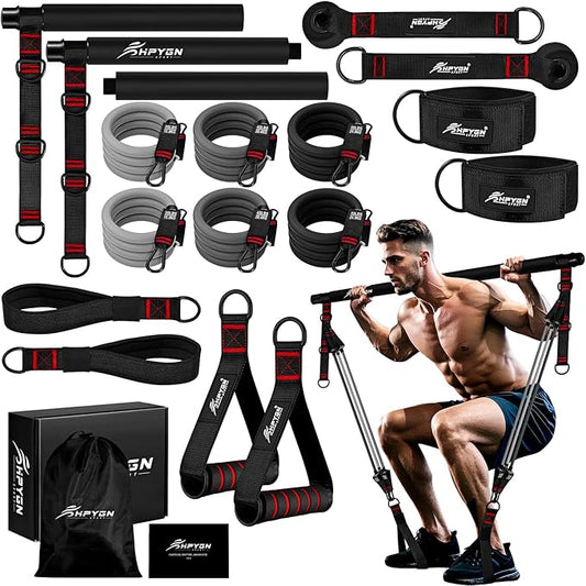 Pilates Bar Kit with Resistance Bands, Heavy Duty Multifunctional Pilates Workout Equipment for Strength Training, HIPS, Back, Arms, Abs, Shoulders, Portable Home Gym & Travel Fitness Gear for Men