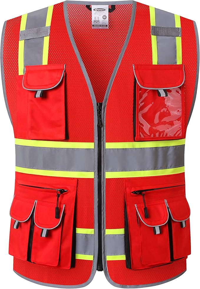 JKSafety 10 Pockets Hi-Vis Neon Color Frontal Zipper Mesh Safety Vest for Men Women Safety Utility for works Comply to ANSI/ISEA Standards (86-Red 3XL)