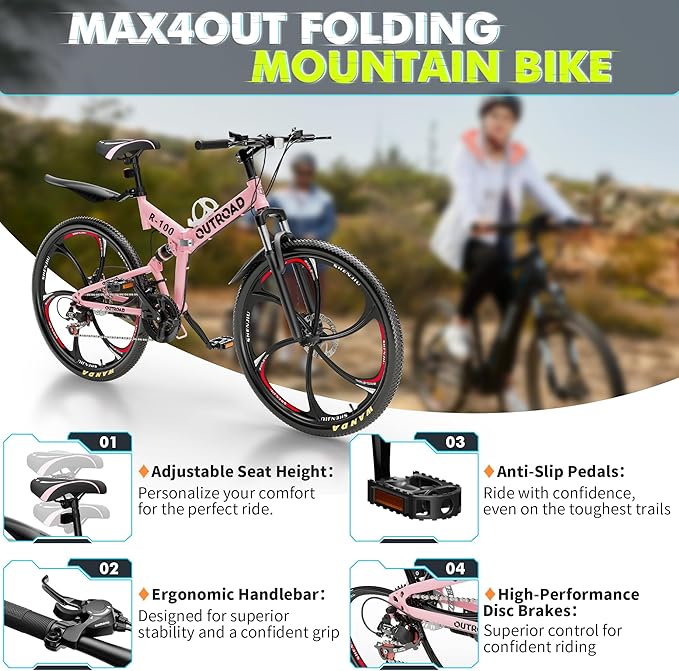 26 inch Folding Mountain Bike, Carbon Steel Frame and 21 Speed, Double Disc Brake and Dual Suspension Folding Bike for Adults/Men/Women, Easy Assembly Bicycle(Black/Green/Orange)