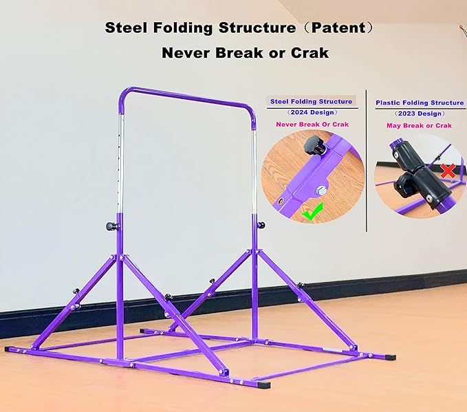 MARFULA Foldable Gymnastic Bar for Kids Ages 3-12, 9 Height Levels, 200 lbs Weight Capacity, 5 Ft Length Gymnastic Kip Bar with Mat, Gymnastic Equipment for Home and Gym Center Indoor Outdoor Use