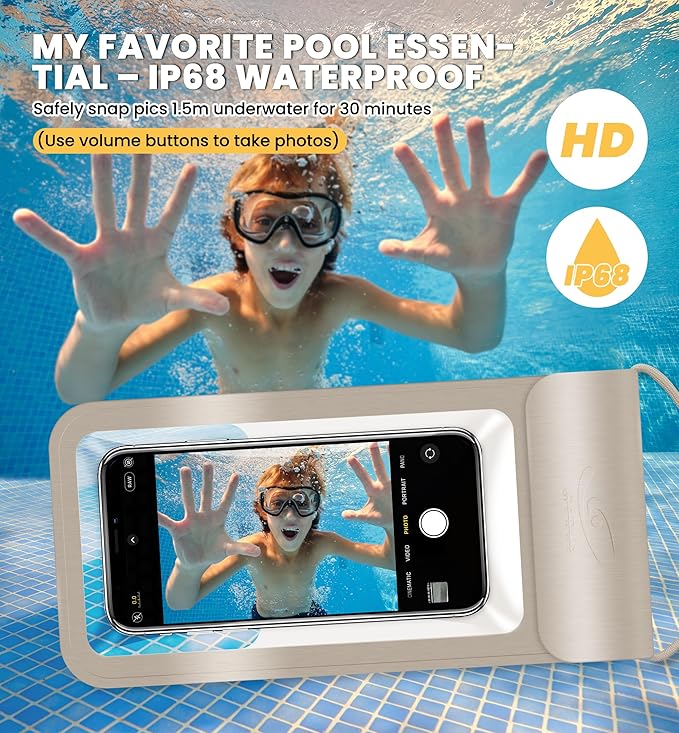 HiRui Universal Waterproof Phone Pouch with Touch Screen, IP68 Waterproof Phone Case Dry Bag for Beach, Compatible with iPhone 16/Pro/Plus/Max/15/14, Galaxy S24+/25+, Fits up to 6.9" (Gold, X-Large)
