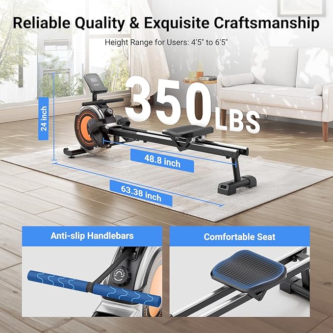 Dripex Rowing Machines for Home Use, Rowing Machine Magnetic Rower, Max 350 LBS, 16 Levels of Workout Resistance, Dual Slide Rail, Bluetooth App Compatible, LCD Monitor, Row Machine for Gym Exercise
