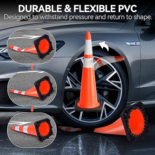 36 Inch Traffic Cones with Heavy Weighted Base (6 Pack) - Orange Safety Cones with Reflective Collars for Parking Lots, Road Construction, and Event Control