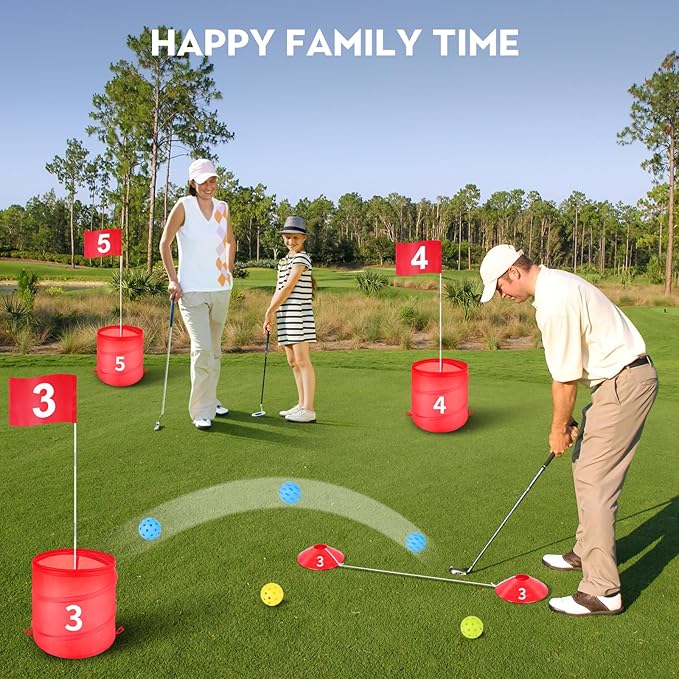 Golf Bucket Outdoor Yard Games, Golf Practice Toys for Family, Adults and Kids, Portable Golf Course for Backyard, Lawn, Park, Beach, Camping (3 Hole Course)