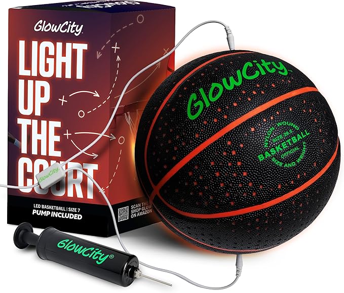 GlowCity Glow in The Dark Basketball - Sizes 5, 6, 7 Light Up Ball for Kids, Teens & Adults - Red Glow for Outdoor Games - Sports Birthday Gifts Ideas for Boys Ages 6 7 8 9 10 11 12 13 14