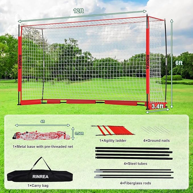 Portable Soccer Goal, Collapsible Soccer Goal Net Metal Base, Quick Setup Soccer Training Equipment with 1 Carry Bag, 1 Agility Ladder, 4 Ground Nails