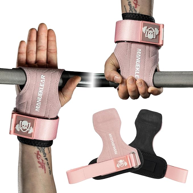 MANUEKLEAR Gym Straps Weight Lifting, Double Leather Lifting Straps for Men Deadlift with Cushion Wrist Loop, Gym Lifting Wrist Wraps for Weightlifting
