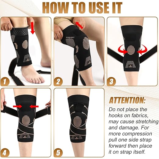 NEENCA Copper Knee Brace with Straps for Women/Men, Knee Compression Sleeve for Knee Pain, Arthritis, ACL, Meniscus Tear, Joint Pain Relief. Knee Support for Running, Workout, Weightlifting - Single