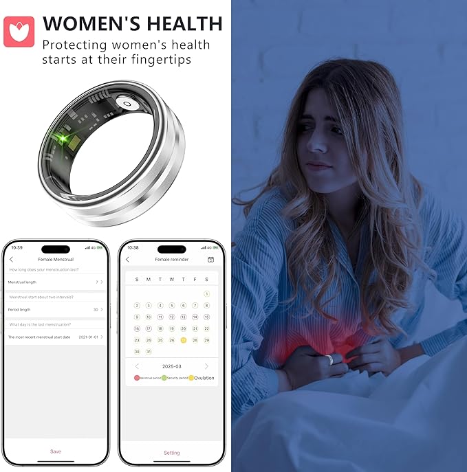 Thin Smart Ring for Fitness & Health Tracking -Pedometer,Sleep/Heart Rate/Blood Oxygen Monitor, Gesture Control / 5ATM Waterproof -No APP Subscription Compatible with Android& iOS (Silver, 12)