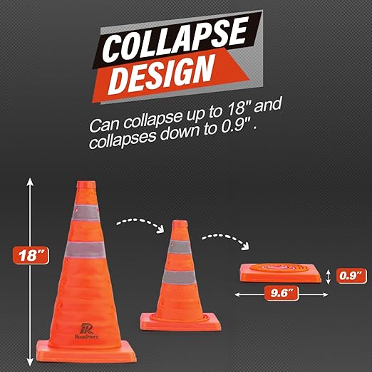 RoadHero 18 Inch 6 Pack Collapsible Traffic Safety Cones, Multi Purpose Pop-up Cones with Reflective Collar for Road Safety, Orange Cones for Driving Training, Parking Lots
