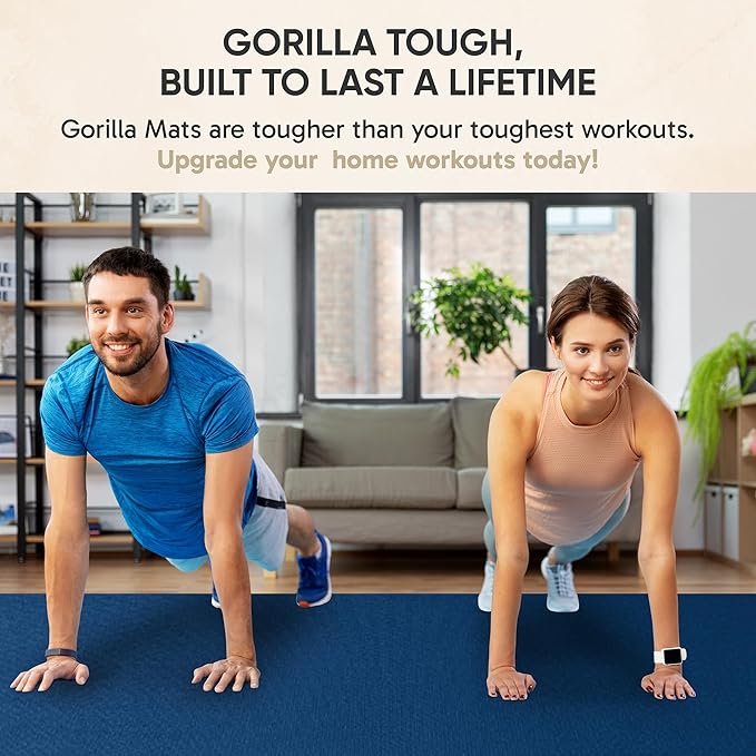Gorilla Mats Premium Large Exercise Mat – 6x4', 7x4', x7x5', 8x4', 10x4' (1/4" Thick) Ultra Durable, Non-Slip, Workout Mat for Instant Home Gym Flooring – Great on Any Floor – Use With or Without Shoes