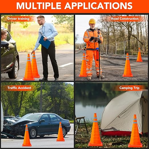 [6 Pack]28 Inch Collapsible Traffic Safety Cones - Parking Cones with Reflective Collars, Orange Safety Cones for Parking lot, Driveway, Driving Training etc.