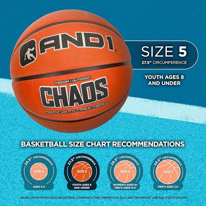 AND1 Street Art 27.5 Basketball : Youth Sized Rubber Streetball for Indoor and Outdoor Use, Deep Channel Construction and Durability, Ideal for Boys and Girls Ages 9-11, Includes 10” Pump