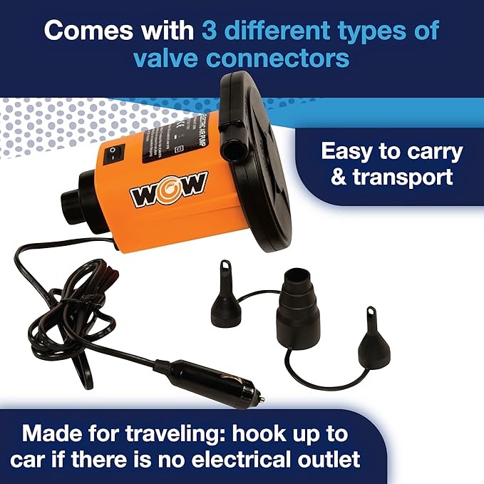 WOW Sports Electric Air Inflator, Air Pumps for Inflatables, Towables and Others, Comes with DC Power Adapter and Cord, 1.0 PSI
