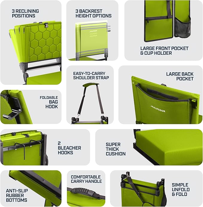 Folding Reclining Stadium Seats with Back Support for Bleachers, Bleacher Chairs with Back and Cushion Seating for Football, Camping Chair, Kayak Seat, Canoe, Paddle Board, Concerts, & Sports Events