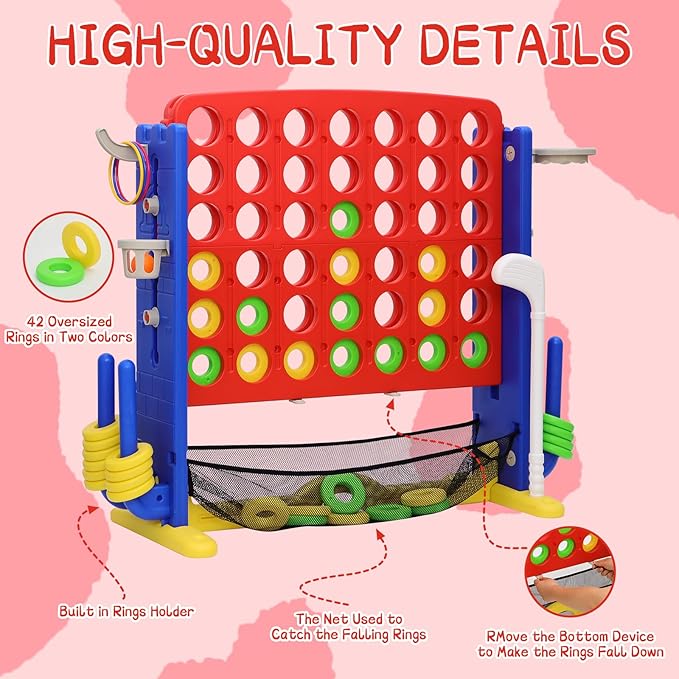 Giant 4 in A Row Game, Height Adjust Connect 4 Jumbo Yard Game Set for Kids & Adults with Mesh Catching Bag, Golf, Basketball Hoop & Ring Toss, 4-to-Score Games for Indoor/ Outdoor Fun