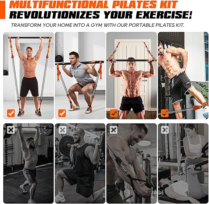 Pilates Bar Kit with Resistance Bands, Heavy Duty Pilates Equipment for Men, Strength Training Bar for Legs, Hip, Back, Arm, Abs, Chest, Shoulders, Portable Home Gym Full Body Workout Equipment