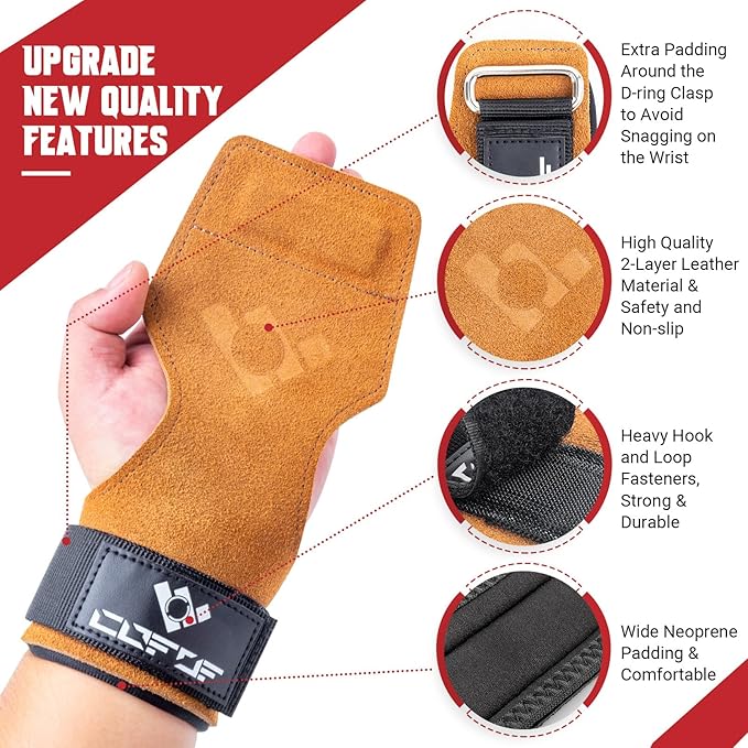 Weight Lifting Wrist Strap, Double Layer Leather Wrist Strap for Deadlift and Powerlifting, Adjustable Neoprene Padded Gym Workout Lifting Hooks (Pair)