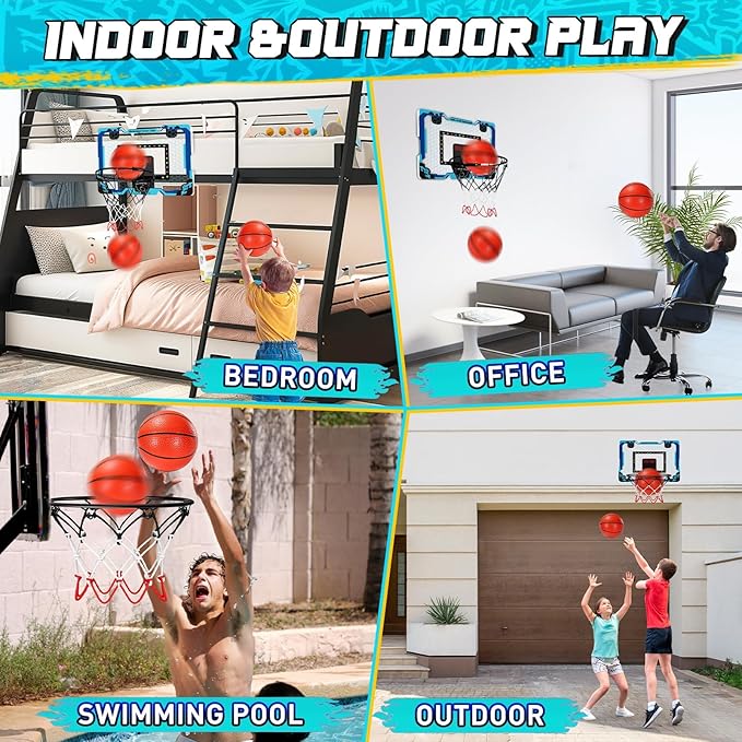 Basketball Hoop Indoor with Electronic Scoreboard & Timer, LED Light Mini Basketball Hoop for Kids, Over The Door, Basketball Gifts Toys for 3-12 Year Old Boys Girls (Blue)