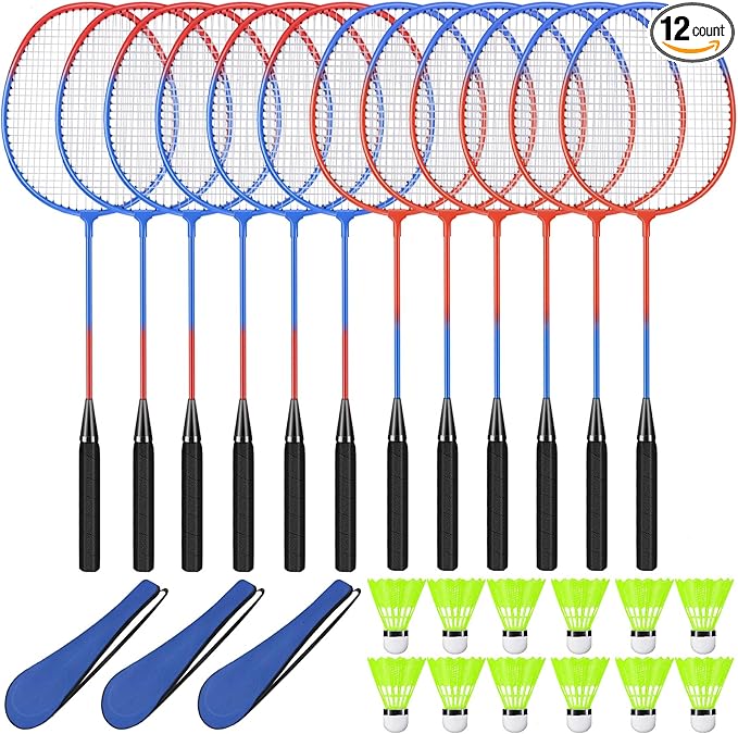 12 Pack Badminton Rackets Set Including Rackets, Nylon Shuttlecocks and Carry Bag for Outdoor Backyard Games Beginners