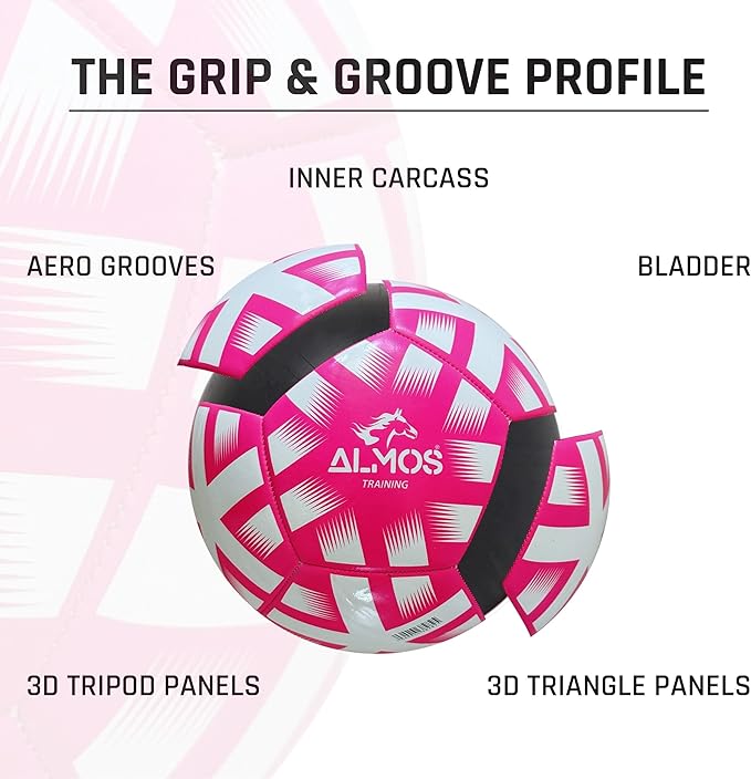 Almos Training Soccer Ball – for Club Match, Training, Match Performance, Indoor & Outdoor Soccer, Suitable for Grass & Astro | PVC Soccer Ball | Size 4 & Size 5 for Adult Soccer Players, Pink |