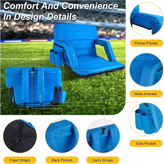Extra Wide Stadium Seats with Back Support, Exclusive Bleacher Chairs with Back and Cushion Folding Stadium Chairs, 6 Reclining Positions Waterproof Bleacher Seats (Extra Wide|25" Blue)