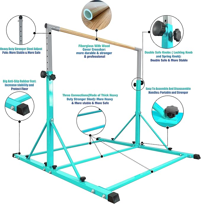 MARFULA Gymnastic Bar for Kid and Teenage Ages 3-25, 5 FT / 8 FT Base Length, 4 FT Width 5 FT Height, Gymnastic Kip Bar Horizontal Bar for Gymnast, Gymnastic Training Equipment for Home and Club Use