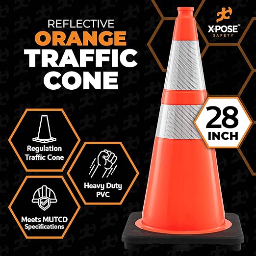 Xpose Safety 28 Inch Orange Traffic Cones with 6" & 4" Collars, 12-Pack - Multipurpose PVC Plastic Safety Cone for Parking, Soccer, Caution, Kids and Construction - DOT Approved