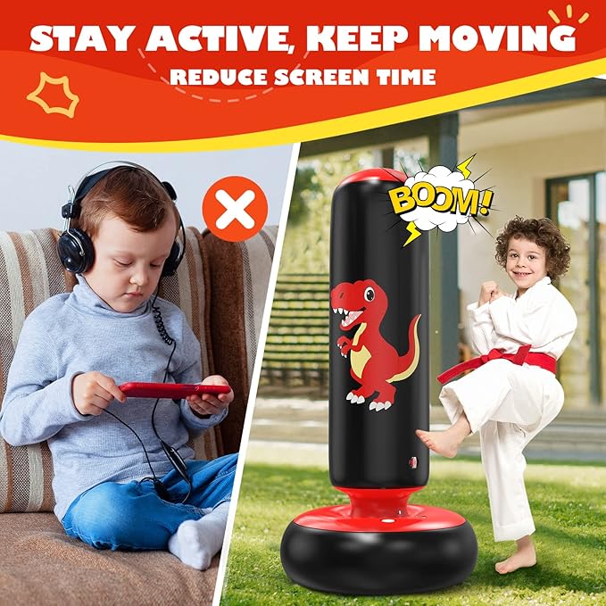 QPAU Inflatable Punching Bag, 48 Inch Stable Inflatable Boxing Bag for 3-6 Kids,Dinosaur Toy & Gifts for Boys and Girls, Kids Boxing Set for Practicing Karate, Taekwondo